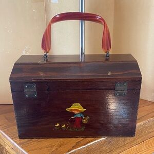 Vintage Hand-Painted Wooden Satchel Handbag Purse with Red Lucite Handle 8x5x5